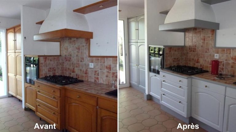 Avant et après côté cuisson : façades pin repeintes en gris