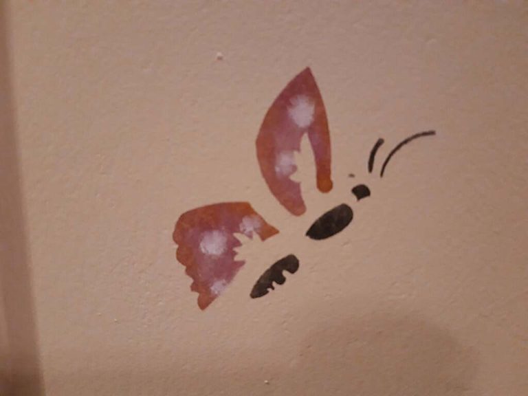 Détail du coffre : papillon rose et brun peint au pochoir