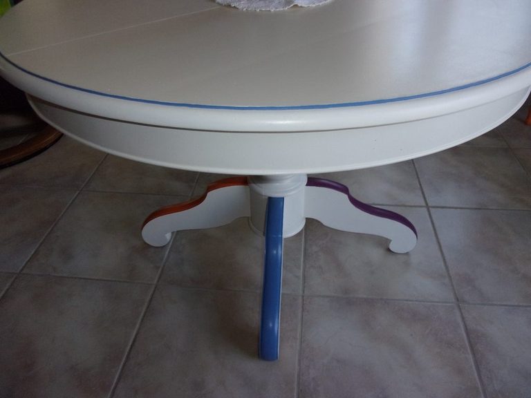 Table ronde blanche vue de dessus, pied coloré