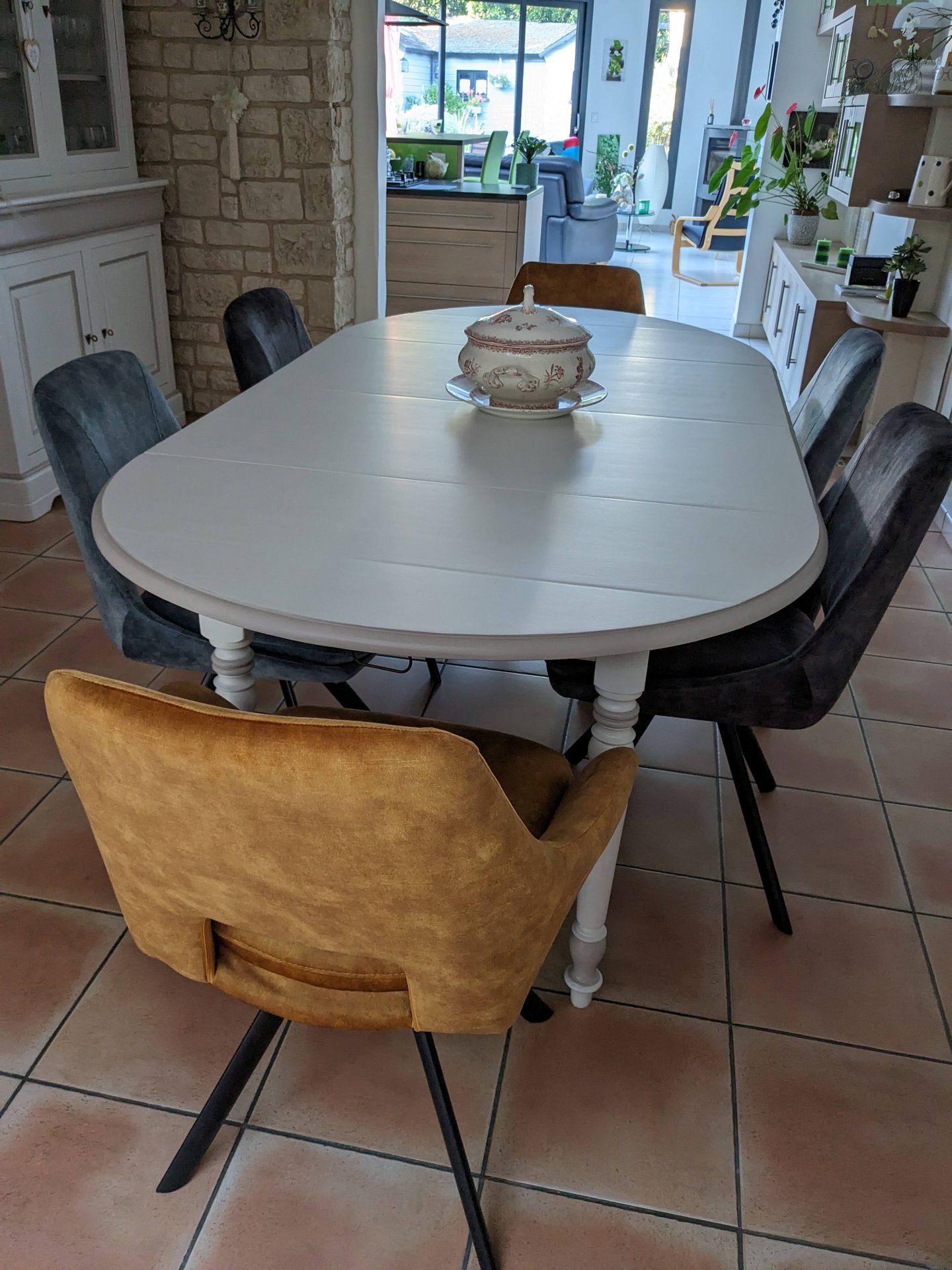 Ensemble salle à manger relooké blanc grisé — Blanch'ART